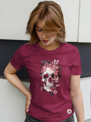 camiseta chica calavera rosas burdeos